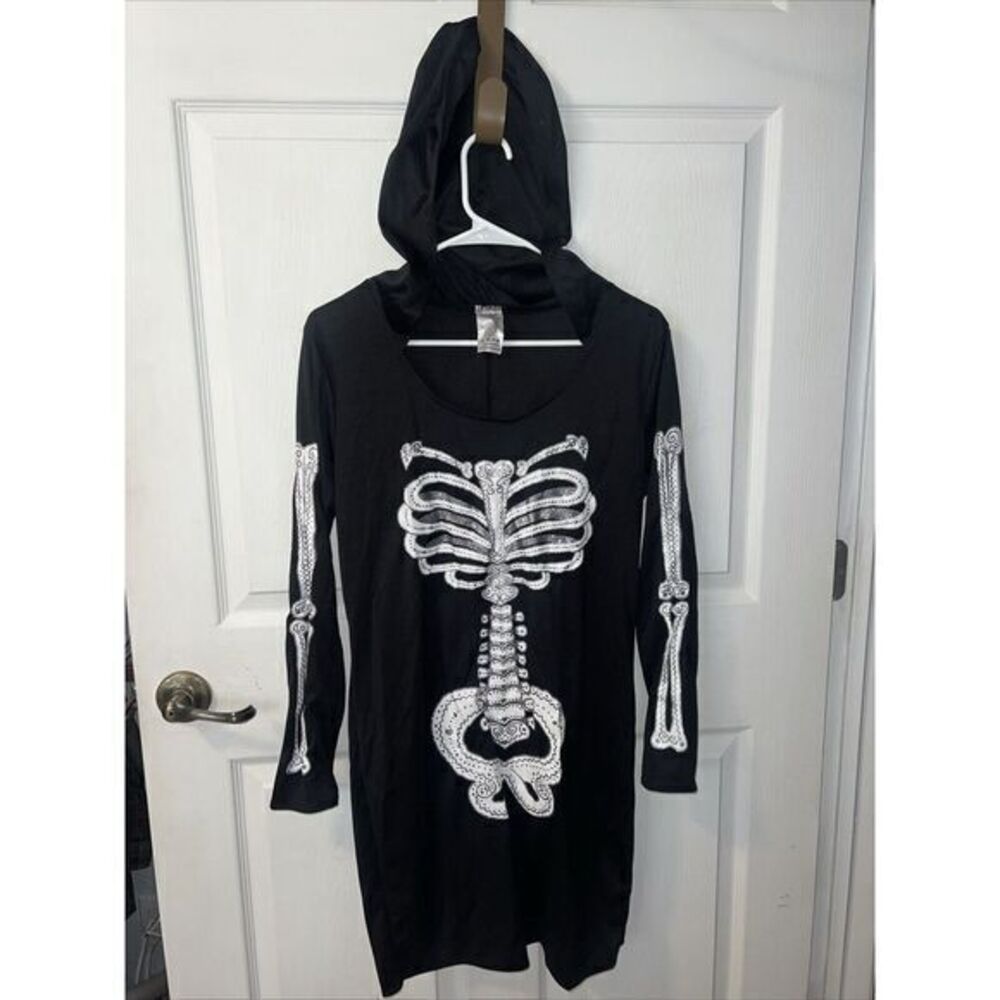 Spirit Halloween Sexy Skeleton Hooded Black Mini Dress Adult Size‎ Large Glitter